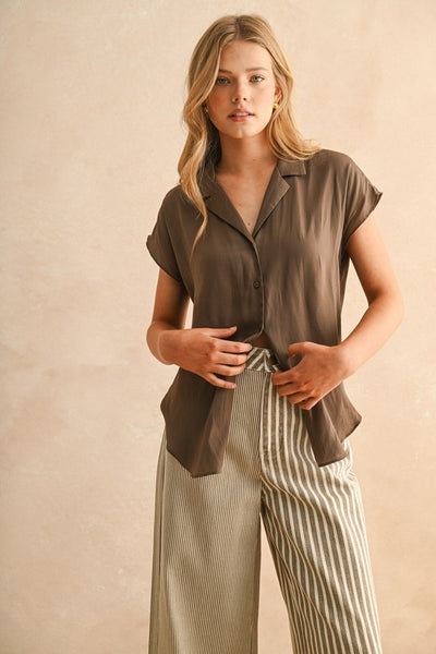 Button Down Cap Sleeve Top- Coffee