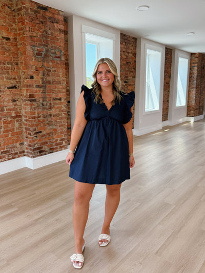 Navy Ruffle Detail V-Neck Mini Dress
