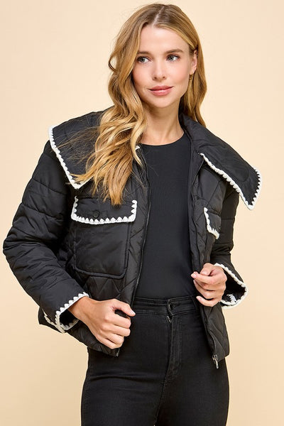 Contrast Trim Quilted Puffer Jacket- Black