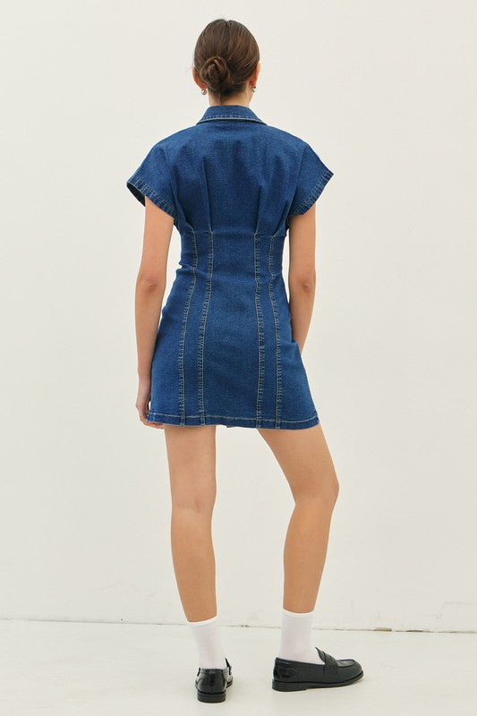 Washed Denim Mini Dress With Pleated Waist