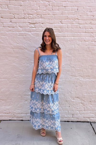 Ellison Embroidered Maxi Skirt Set- Chambray