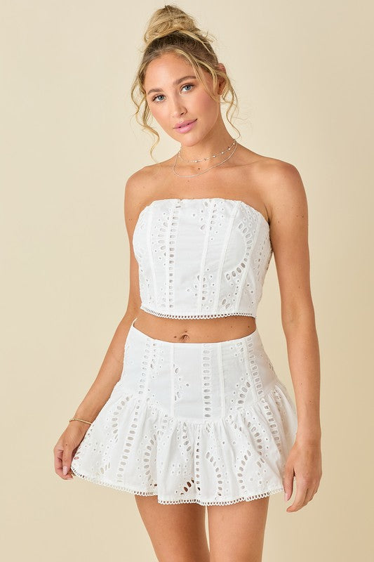 White Embroidered Eyelet Mini Skirt Set