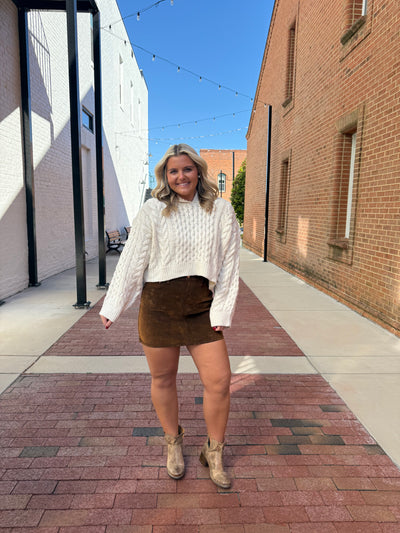 Cropped Cable Knit Hoodie Sweater- Cream