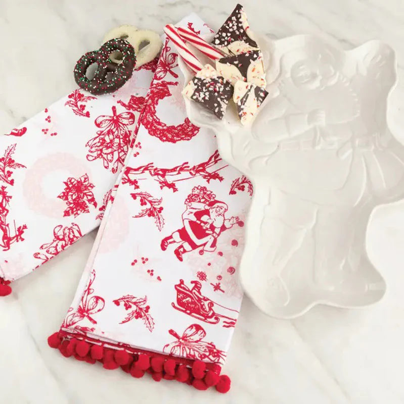Santa Toile Pompom Kitchen Towels