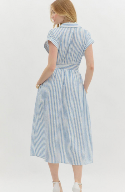 Blue Striped Faux Button Down Midi Dress