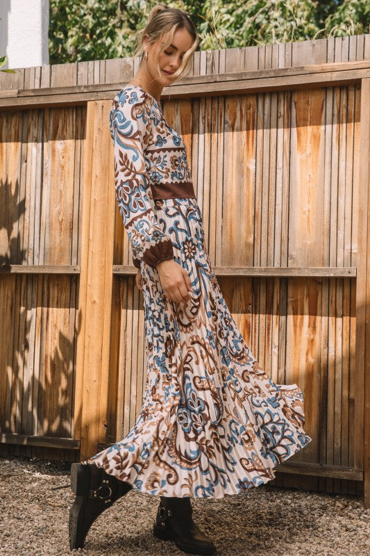 Brown and Blue Printed Pleated Midi Skirt