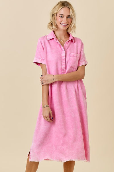 Washed Pink Button Down Collared Midi Dress