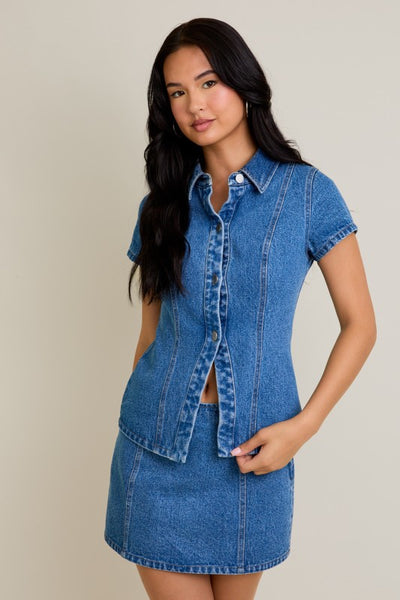 Denim Button Front Top and Skirt Set