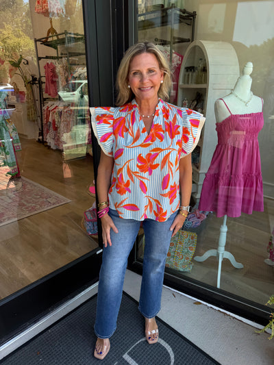 Bright Floral Striped Flutter Sleeve Top