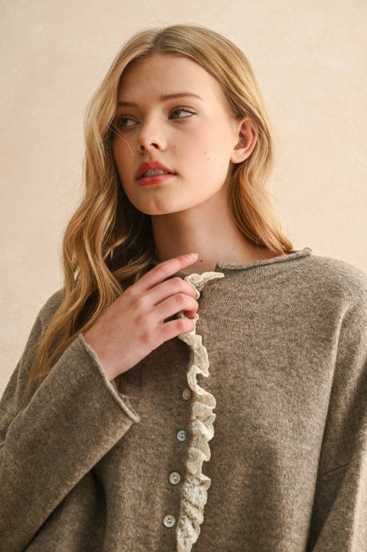 Mocha Lace Trim Cardigan Top