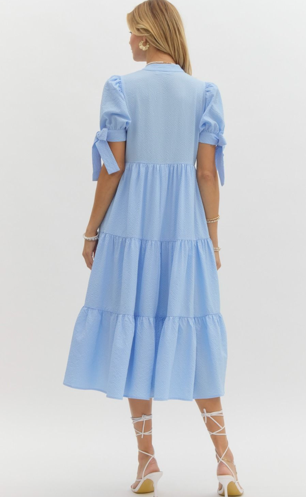 Bow Cuff Sleeve Tiered Midi Dress