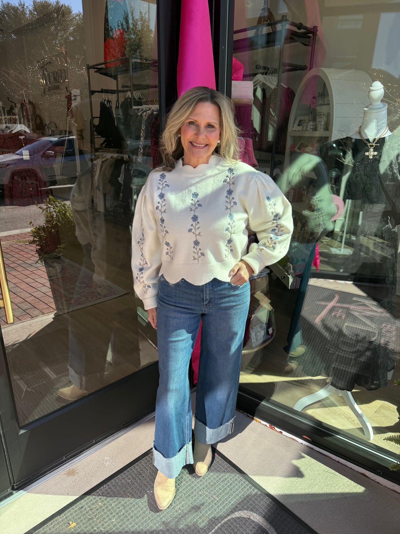 Floral Embroidered Scalloped Sweater