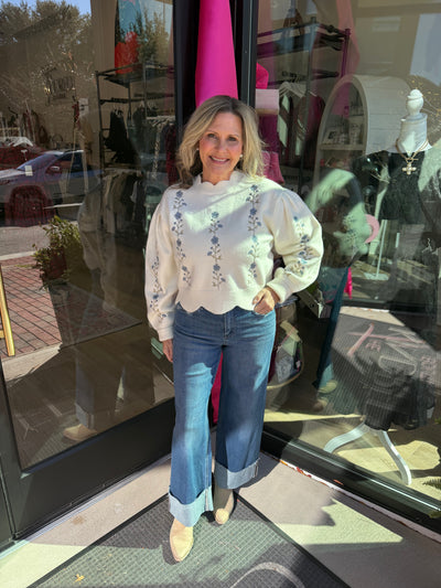 Floral Embroidered Scalloped Sweater