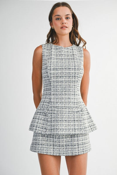 Black Tweed Sleeveless Peplum Layered Mini Dress