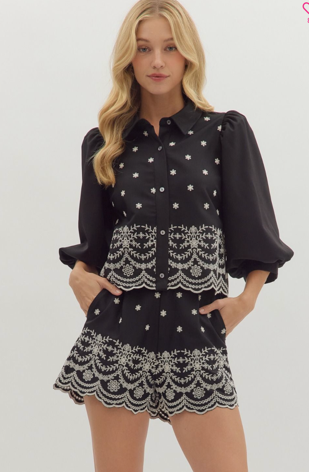 Embroidered Black Short Set