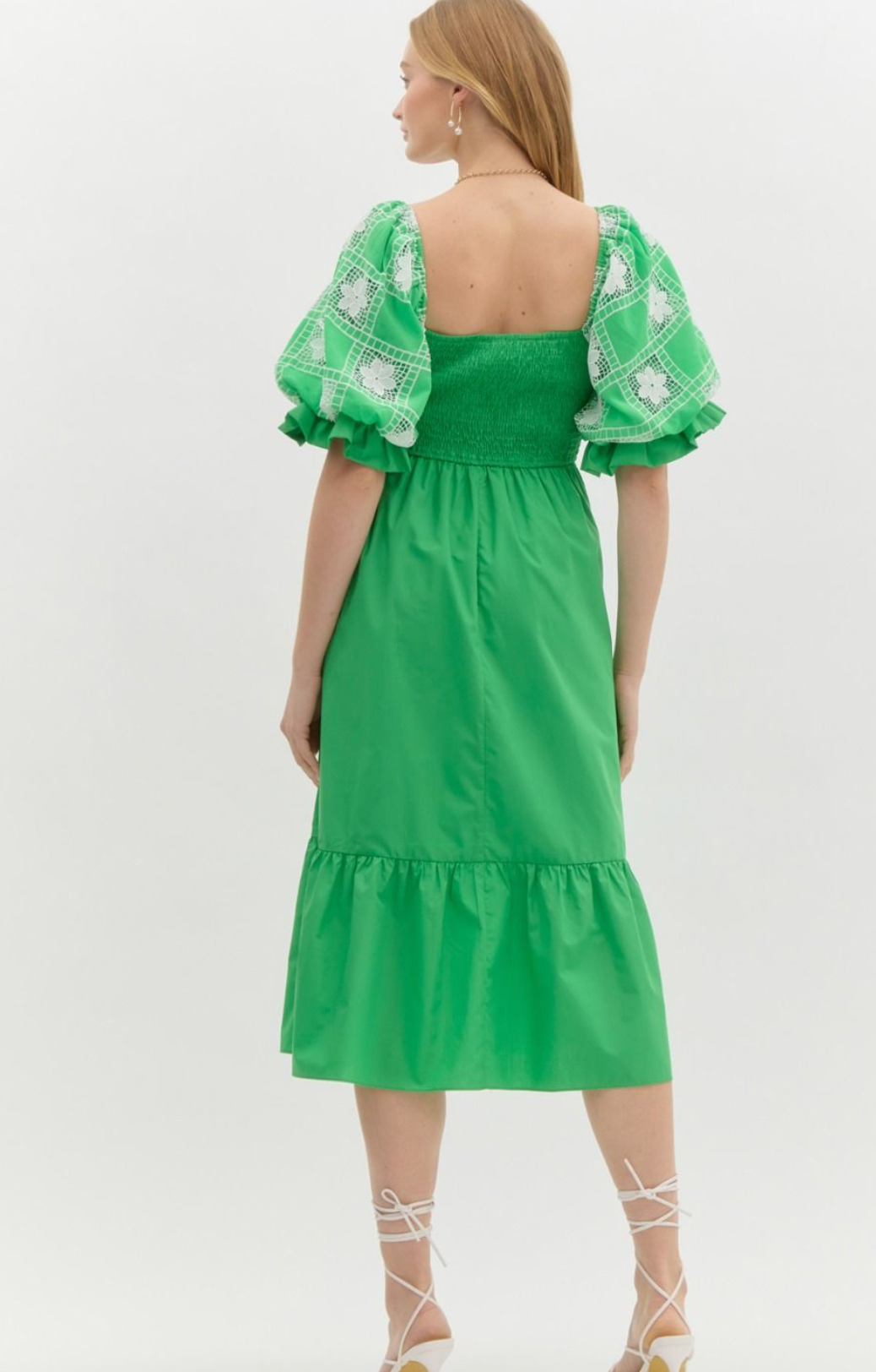 Green Square Neck Puff Sleeve Midi Dress