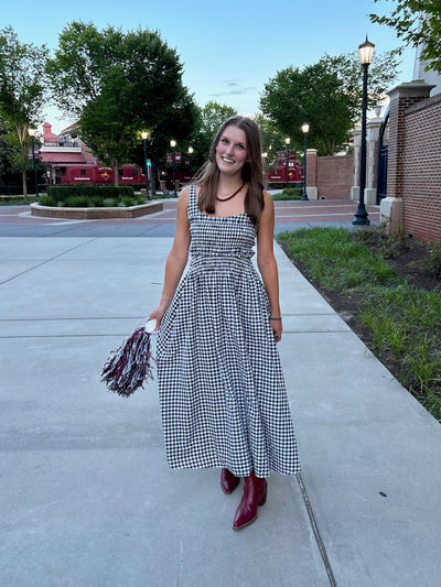 Gingham Smocked Bodice Midi Dress- Black/White