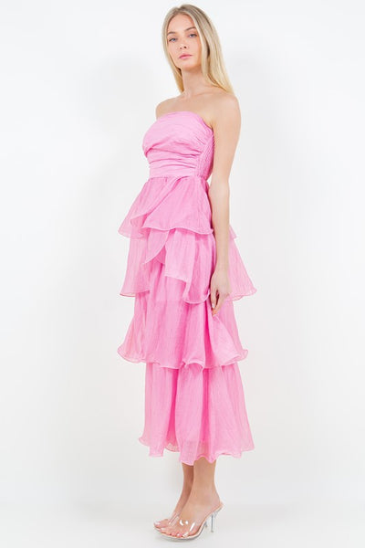 Pink Ruffle Detail Tube Midi Dress