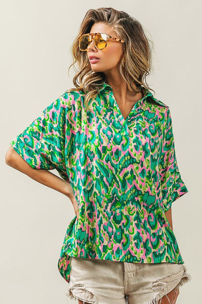 Abstract Print V Neck Top- Green Multi