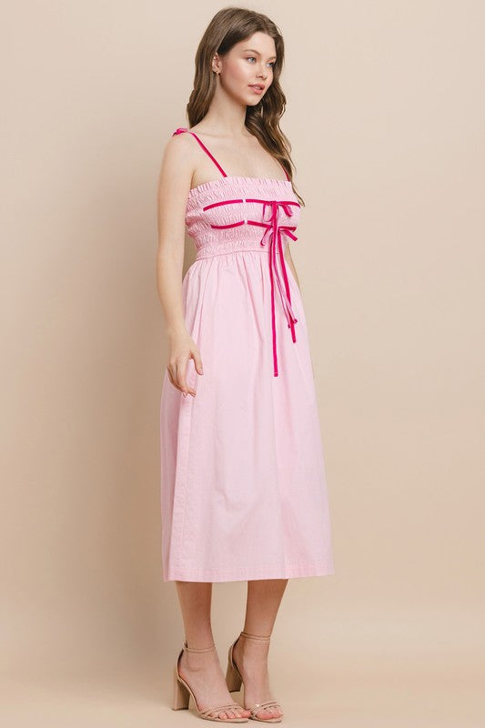 Velvet Trim Midi Dress- Pink