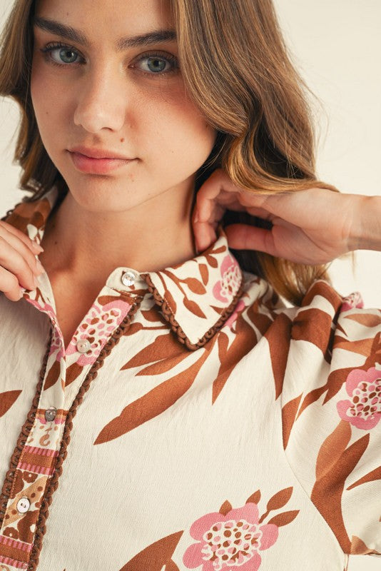 Toffee Lace Trim Floral Dress