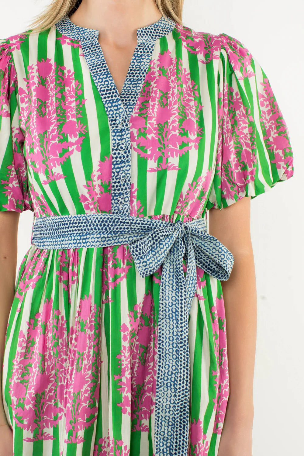 Contrast Tie Waist Puff Sleeve Dress