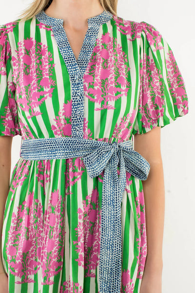 Contrast Tie Waist Puff Sleeve Dress