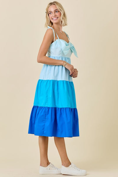 Blue Color Blocked Tiered Midi Dress