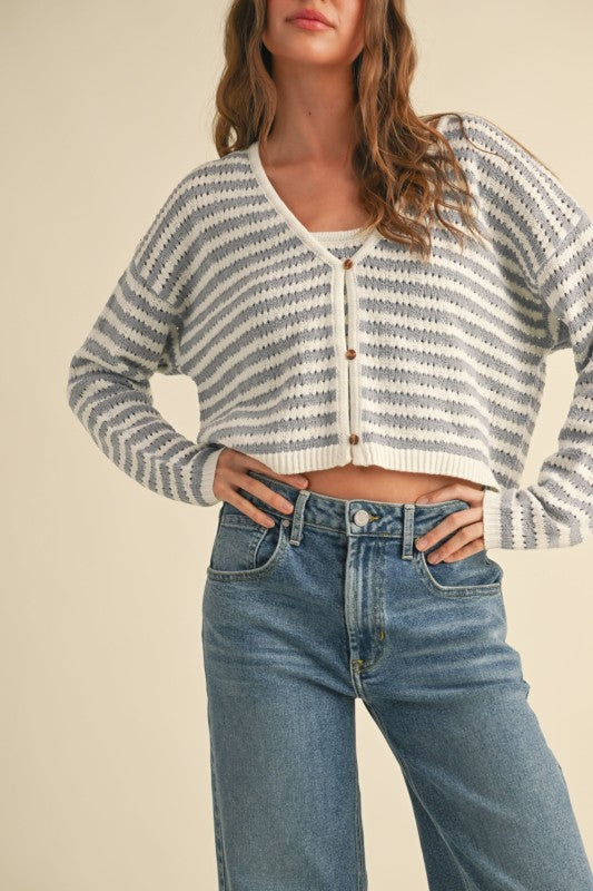 Blue and White Crochet Knitted Cardigan Top