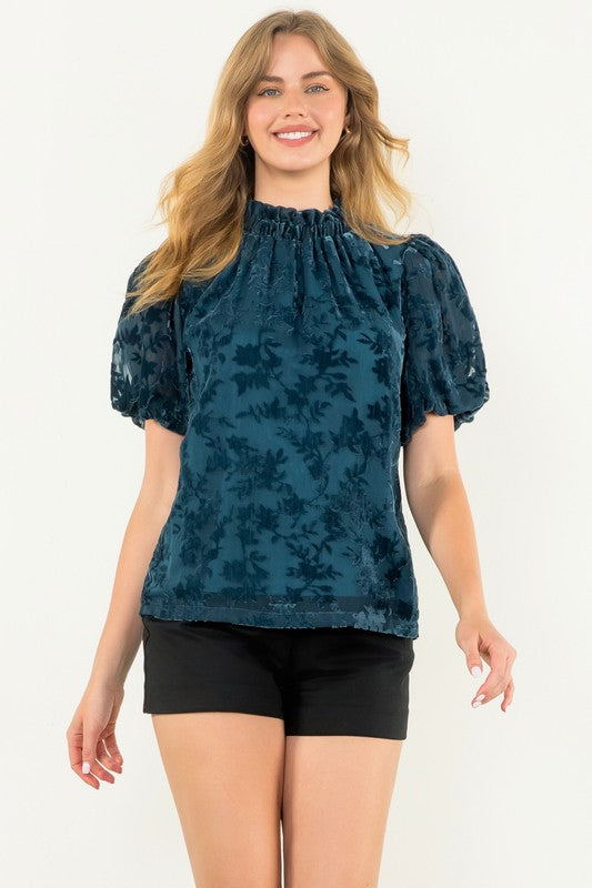 Puff Sleeve Velvet Detail Top- Teal