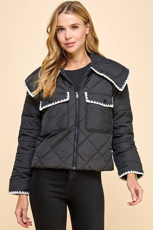 Contrast Trim Quilted Puffer Jacket- Black