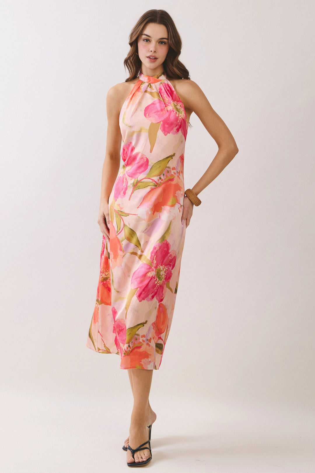 Pink Floral Print Halter Neck Midi Dress  The Kindred Boutique