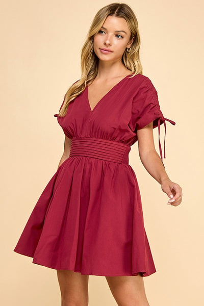 Burgundy V-Neck Dropped Shoulder Mini Dress