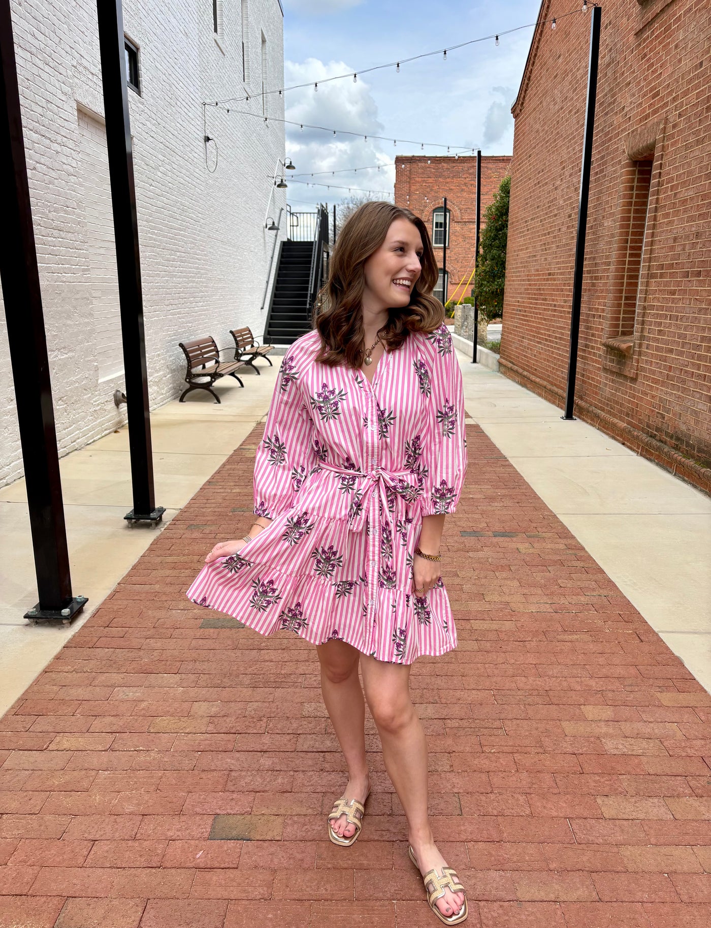 Pink Striped Flower Detail Long Sleeve Mini Dress