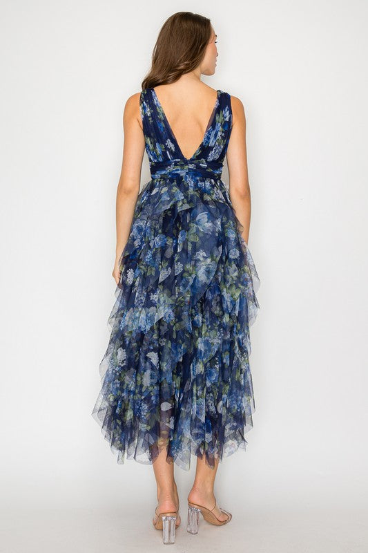 Navy Floral Tulle Midi Dress