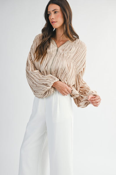 Pleated Balloon Sleeve Zip Up Jacket
