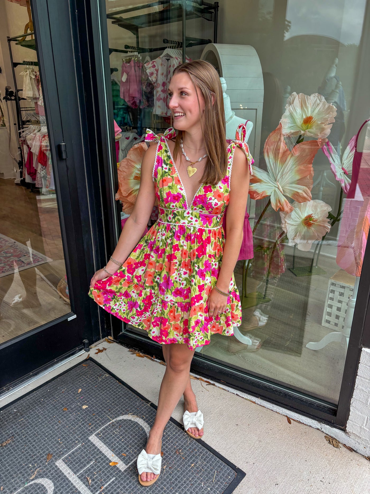 Floral Print Deep V Neckline Bow Detail Dress