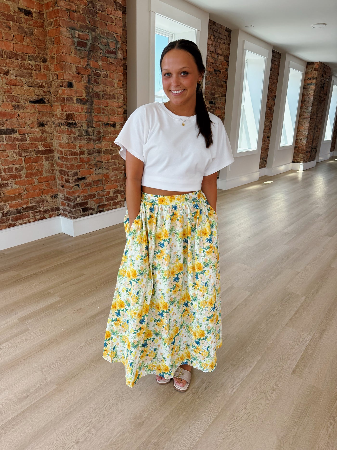 Yellow Floral High Waisted Maxi Skirt