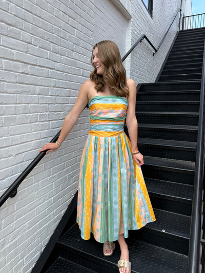 Tube Pleated Abstract Print Midi Dress