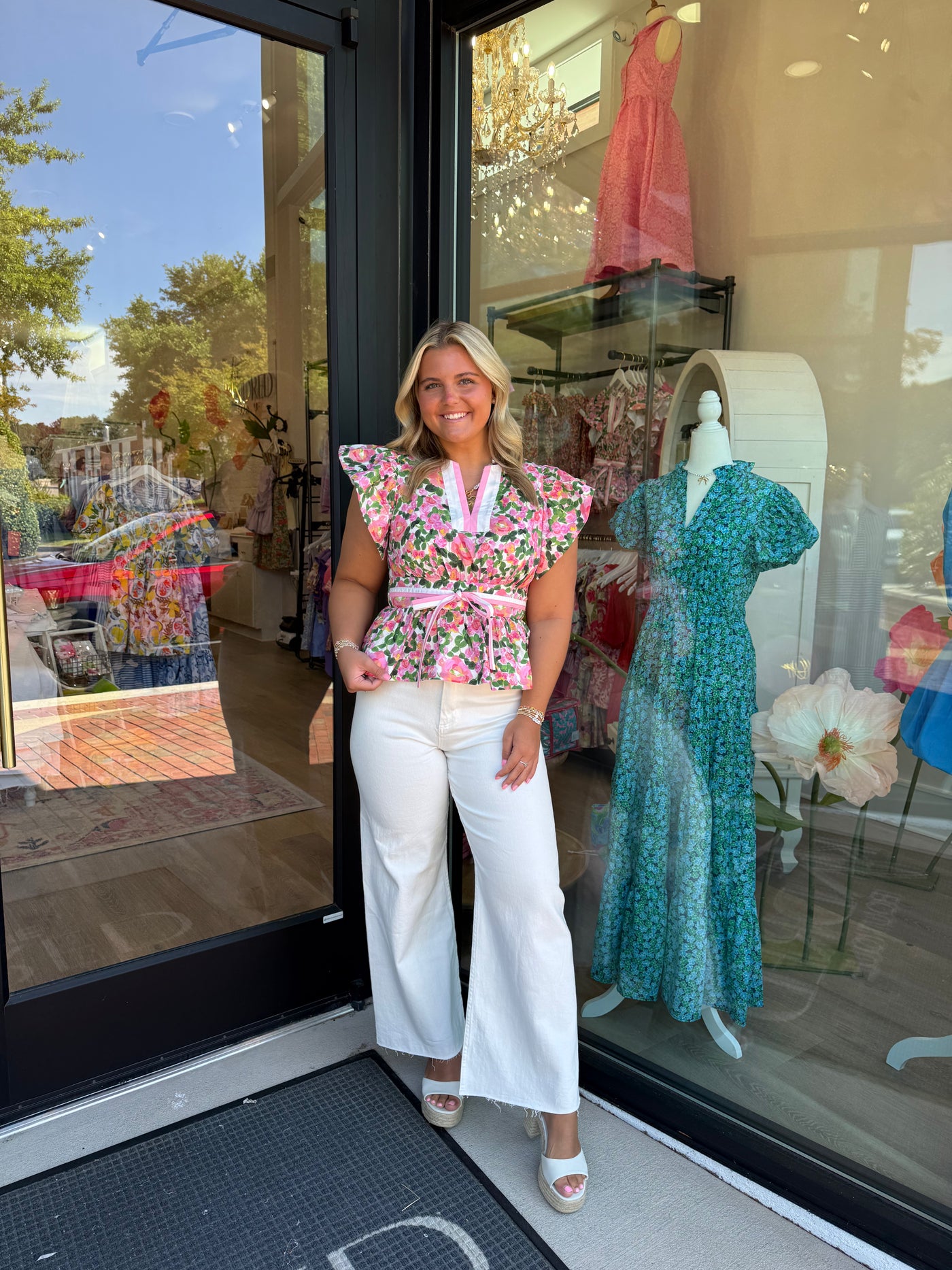 Pink And Green Floral Peplum Top