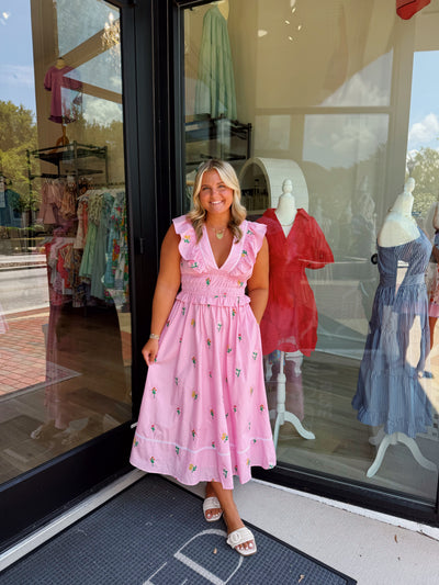 Flower Bouquet Embroidered Midi Dress- Pink
