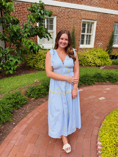 Lemon Embroidered Striped Midi Dress
