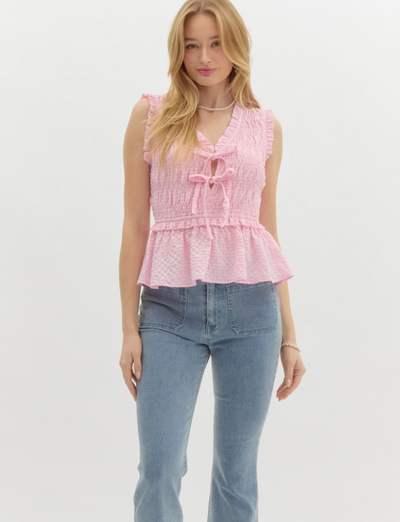 Pink Sleeveless Peplum Smocked Top