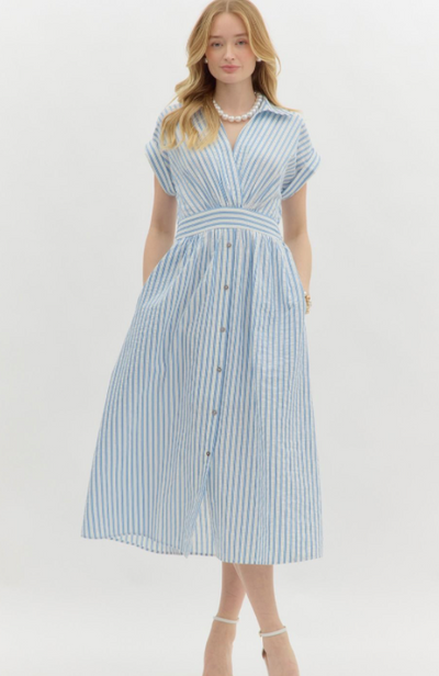 Blue Striped Faux Button Down Midi Dress
