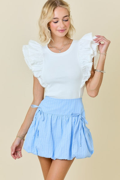 Lace Trim Ruffle Shoulder Top- White