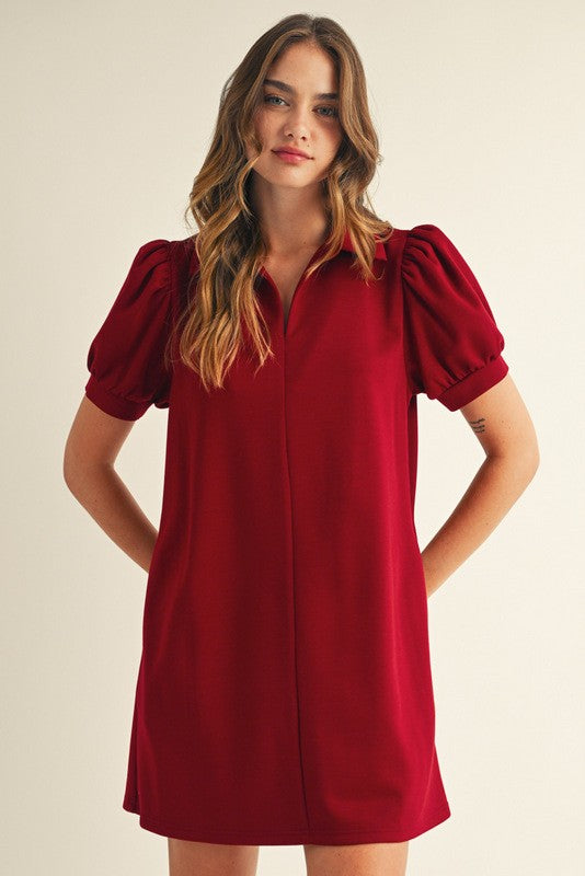 Burgundy Jersey Collar Dress With Pockets