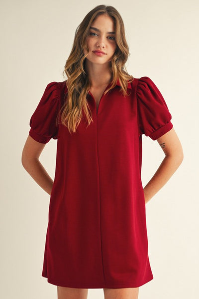 Burgundy Jersey Collar Dress With Pockets