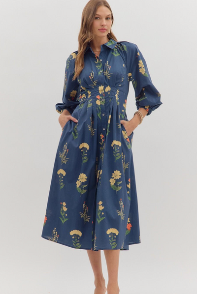 Indigo Floral Print Pleated Waist Midi Dress