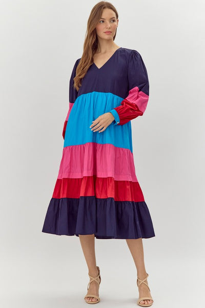 Navy Color Blocked Tiered Midi Dress