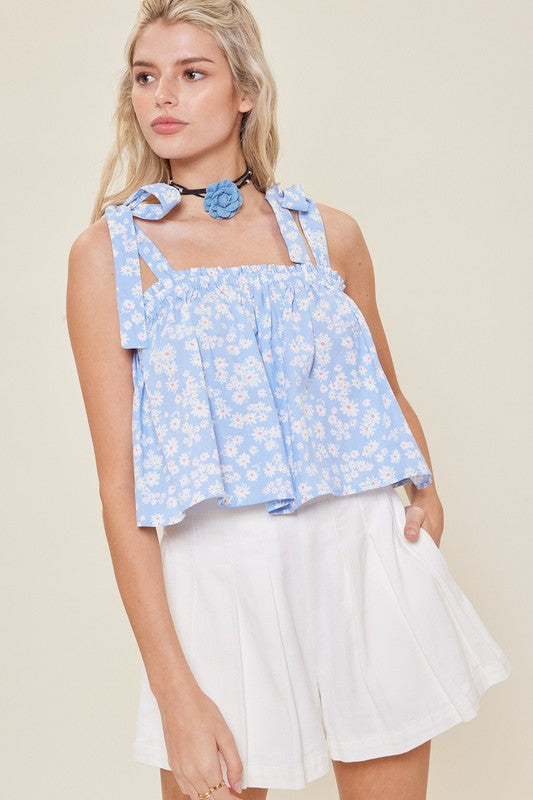 Blue Floral Print Shoulder Strap Cotton Top